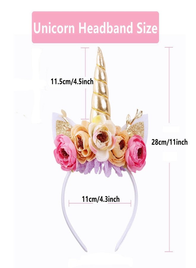 Nishine Girls Glitter Unicorn Horn Headband Camellia Pony Head Band Flower Hair Band Tiara for Party Birthday Gift (Gold&Pink) - Image 2